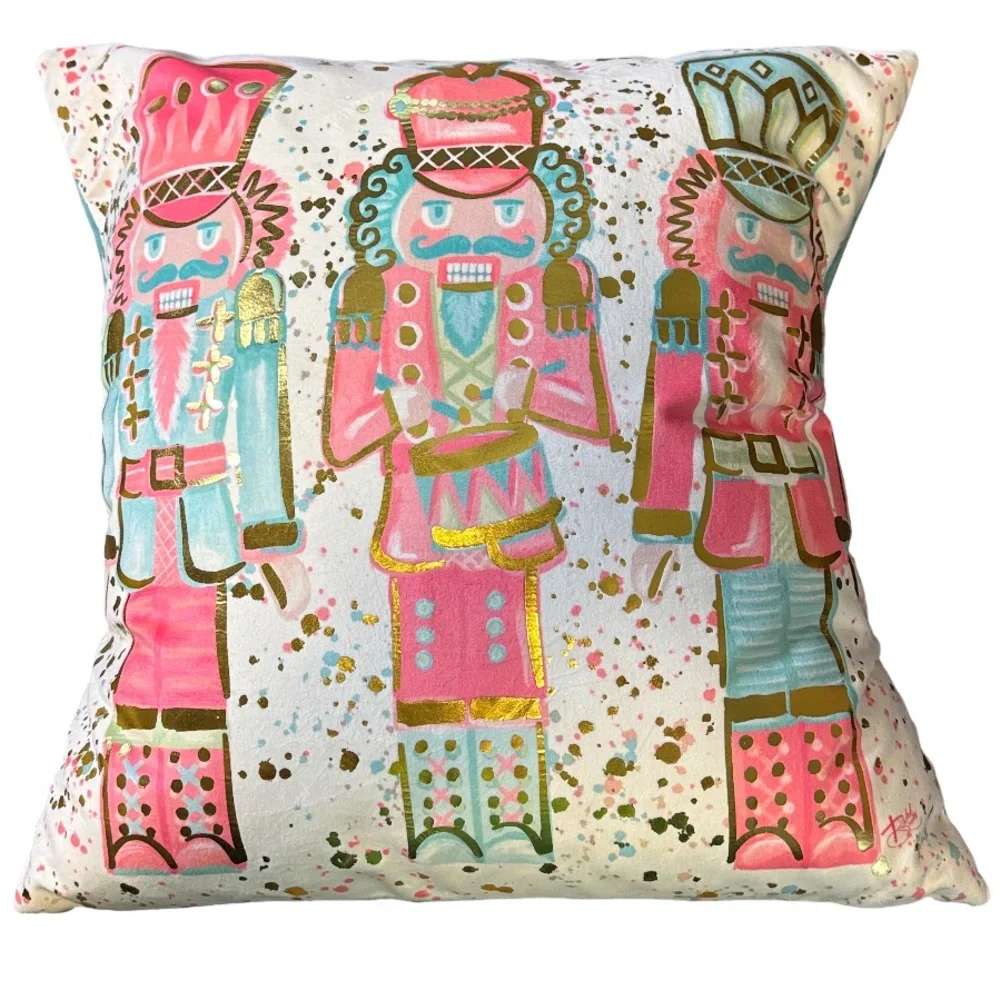Rachel Brooks Design Gold Foil Nutcracker Pink & Teal 18”x18” Christmas Pillow